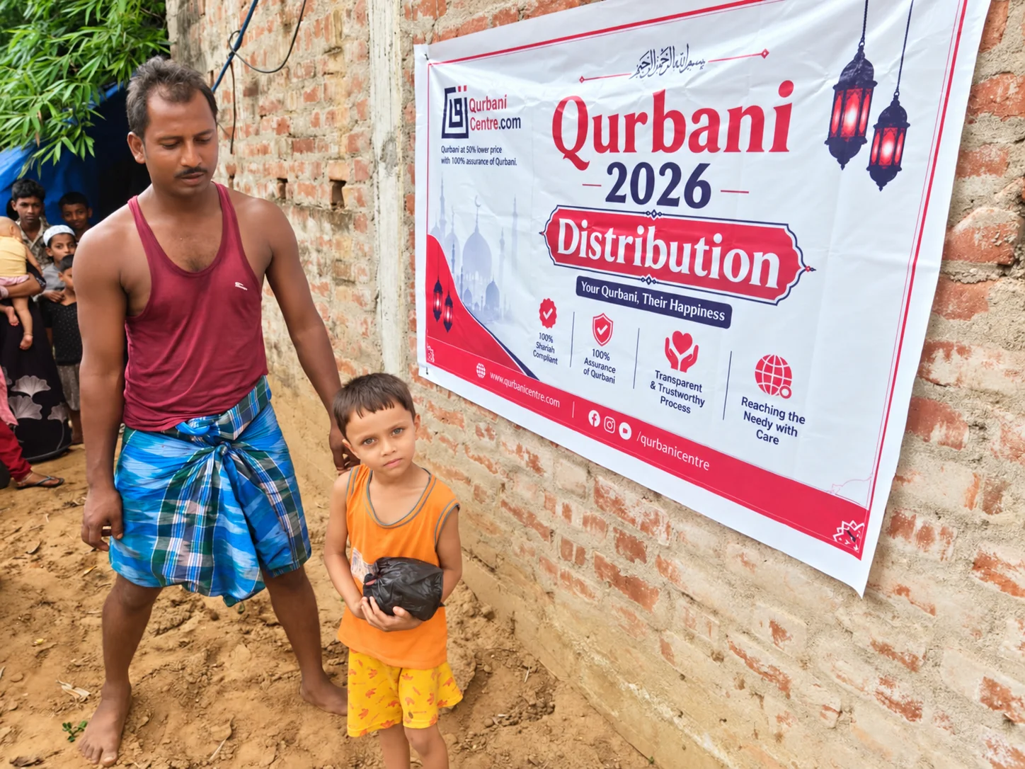 A man and a child holding a small packet stand beside a Qurbani Centre distribution banner on a brick wall