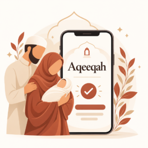 Aqeeqah illustration: parents holding a newborn beside a phone showing an Aqeeqah booking marked complete