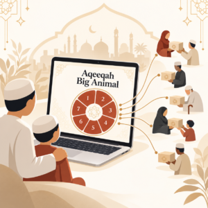 Aqeeqah Big Animal illustration: a family viewing a seven-part booking chart on a laptop, with illustrated figures handing over boxes