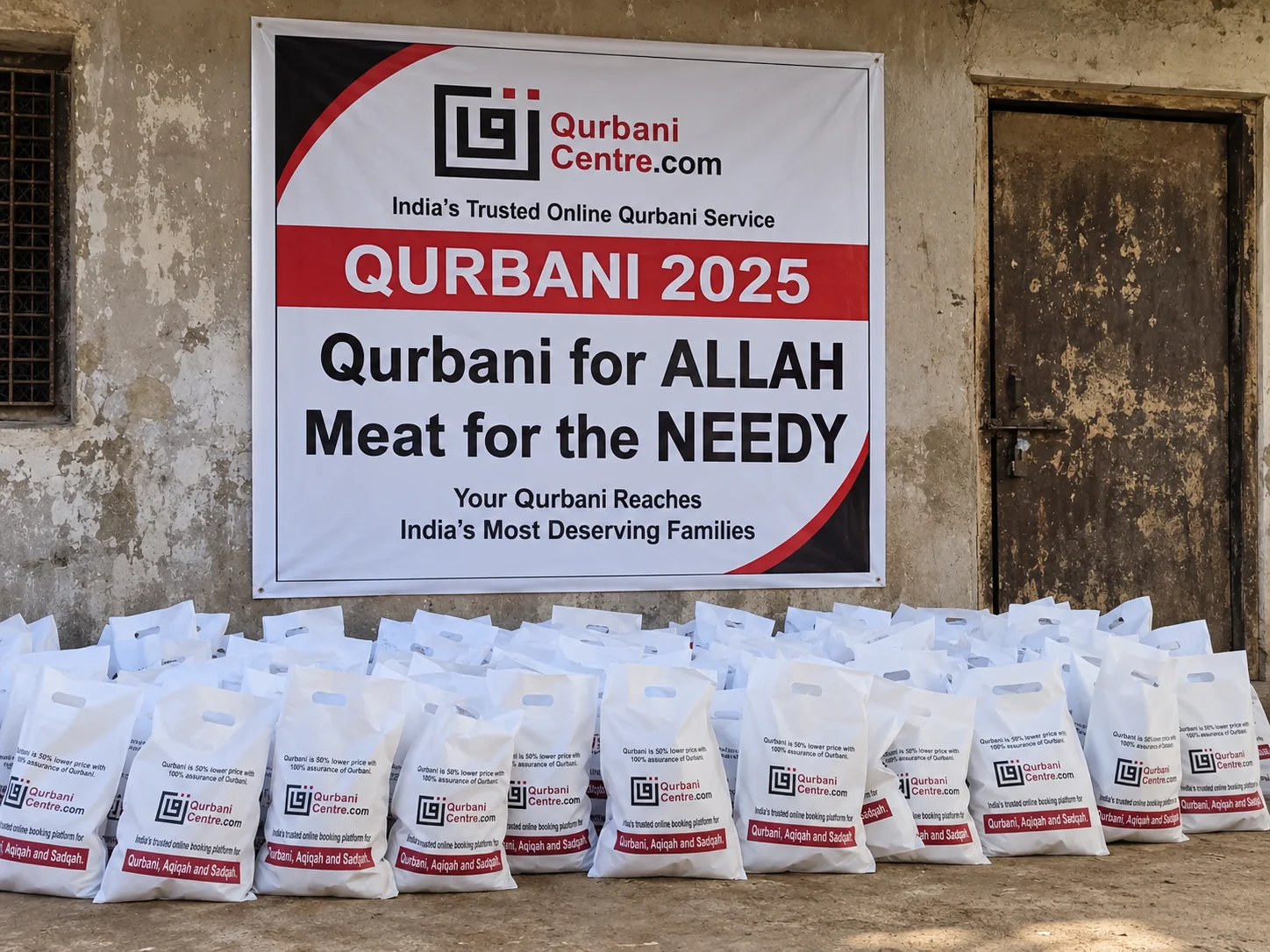 Rows of packed Qurbani Centre bags stacked in front of a distribution banner