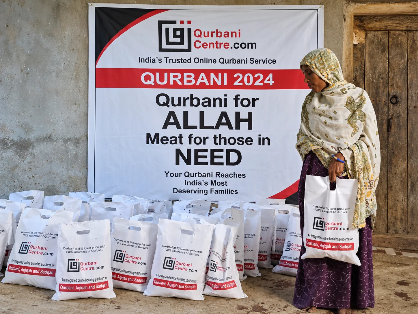 A woman holding a packed Qurbani Centre bag beside rows of bags in front of a distribution banner